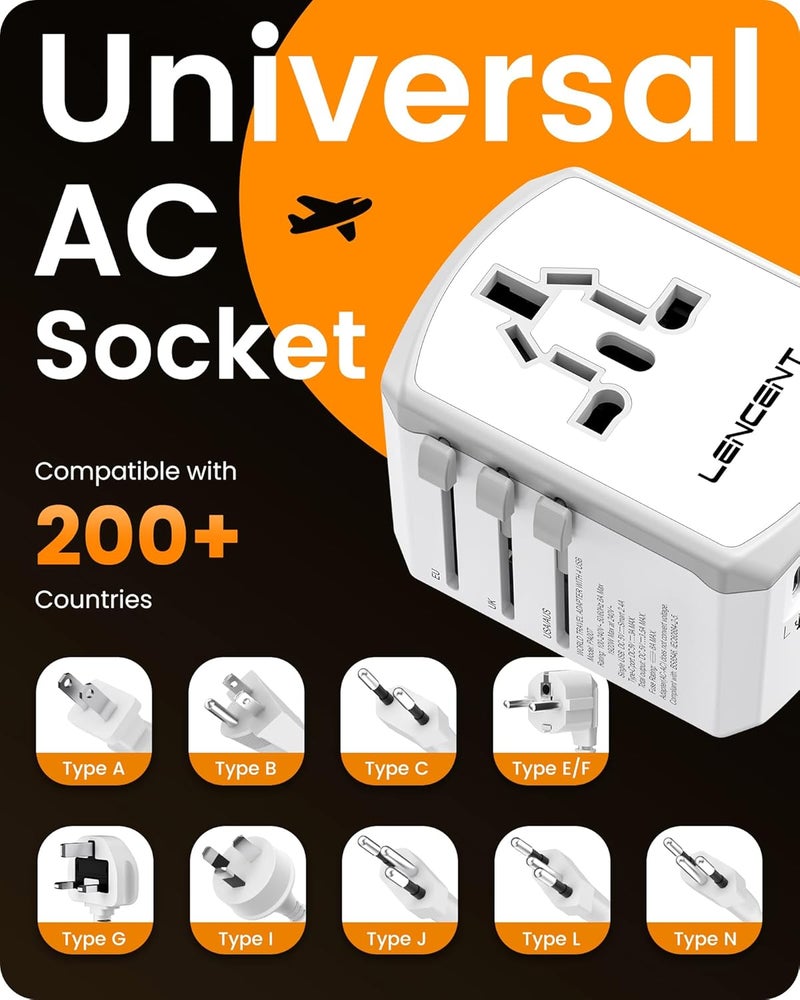 Lencent Universal Travel Power Adapter, International AC Plug Adaptor with 2 USB C 2 USB A Ports Wall Charger Worldwide Travel Essentials for US to EU UK Ireland Australia (Type C/G/A/I), White - Image 5