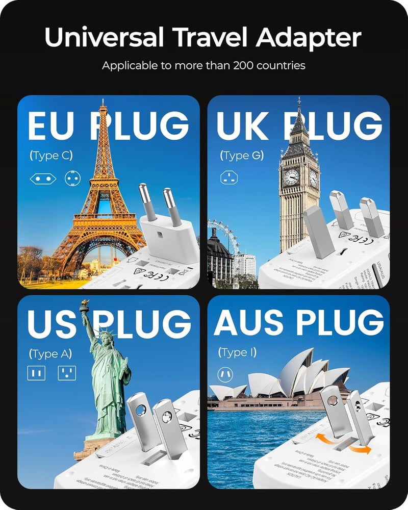 Lencent Universal Travel Power Adapter, International AC Plug Adaptor with 2 USB C 2 USB A Ports Wall Charger Worldwide Travel Essentials for US to EU UK Ireland Australia (Type C/G/A/I), White - Image 2