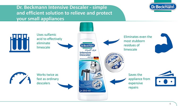 Dr. Beckmann Intensive Descaler for Iron, Kettles, Coffee Machine, 250ml | Removes Stubborn Limescale-With Active Power Formula-Works Faster-Effective-Easy to Use-For all Small Appliances - Image 3