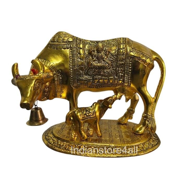 Indianstore4all Metal Large Gold Elegant Kamdhenu Cow and Calf Idol Showpiece Length 22 cm Gold Antique 1 PieceBring Wealth Money Happiness and Luck in Your Favour - Image 1