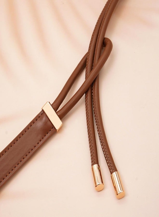 BAOKELAN PU Leather Skinny Belts for Women Knotted Thin Waist Belt for Dresses Brown 130cm/51.2in - Image 5