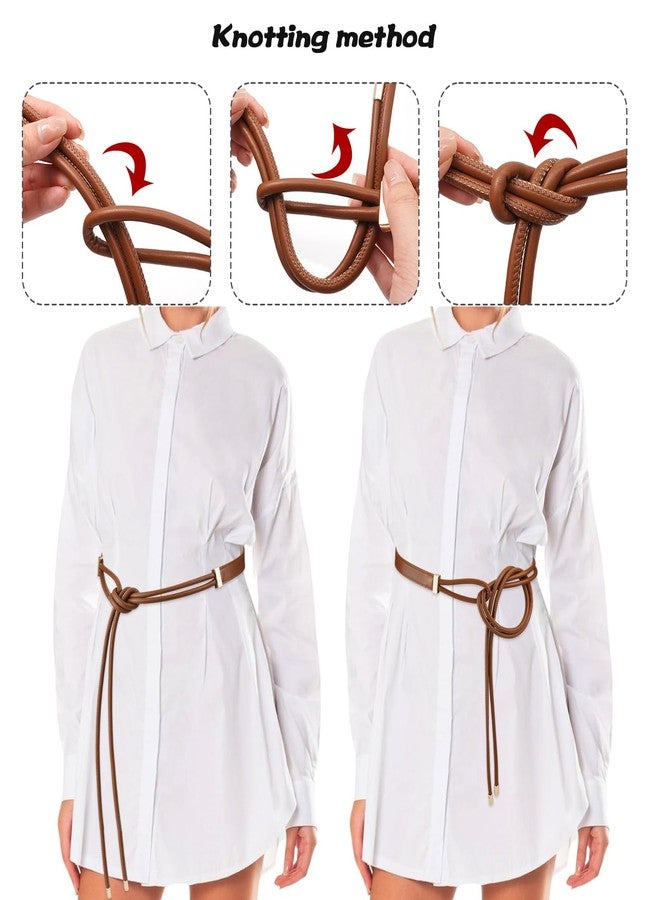BAOKELAN PU Leather Skinny Belts for Women Knotted Thin Waist Belt for Dresses Brown 130cm/51.2in - Image 3