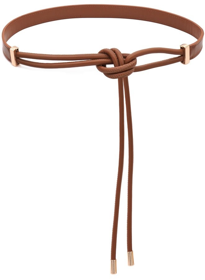 BAOKELAN PU Leather Skinny Belts for Women Knotted Thin Waist Belt for Dresses Brown 130cm/51.2in - Image 1