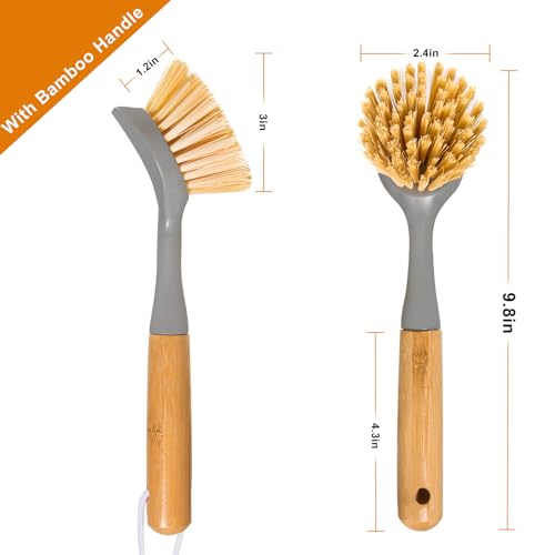 FunCee 2 Pack Kitchen Dish Brushes with Bamboo Handle, Dish Scrubber Built-in Scraper, Scrub Brush for Pans, Pots, Counter & Kitchen Sink Cleaning, Dishwashing and Cleaning Brush Tools, White - Image 4