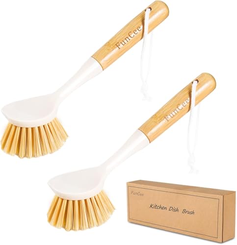 FunCee 2 Pack Kitchen Dish Brushes with Bamboo Handle, Dish Scrubber Built-in Scraper, Scrub Brush for Pans, Pots, Counter & Kitchen Sink Cleaning, Dishwashing and Cleaning Brush Tools, White - Image 1
