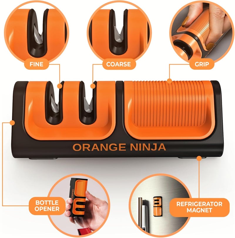 Sharp Pebble Orange Ninja Mini Knife Sharpener - Coarse & Fine Blade Sharpener, Sharpening System- Knife Sharpeners for Kitchen Knives, Pocket Kitchen Knives Sharpeners with Bottle Opener & Fridge Attachment - Image 2
