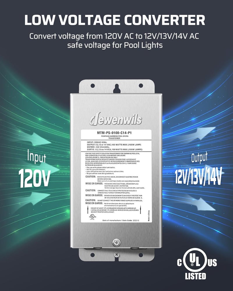 DEWENWILS 100W Low Voltage Pool Light Transformer, 120V AC to 12V/13V/14V AC, Multi-tap Safety Transformer for Pool Lighting, Spa, Underwater Fountain Lights, Outdoor Landscape Lights - Image 3