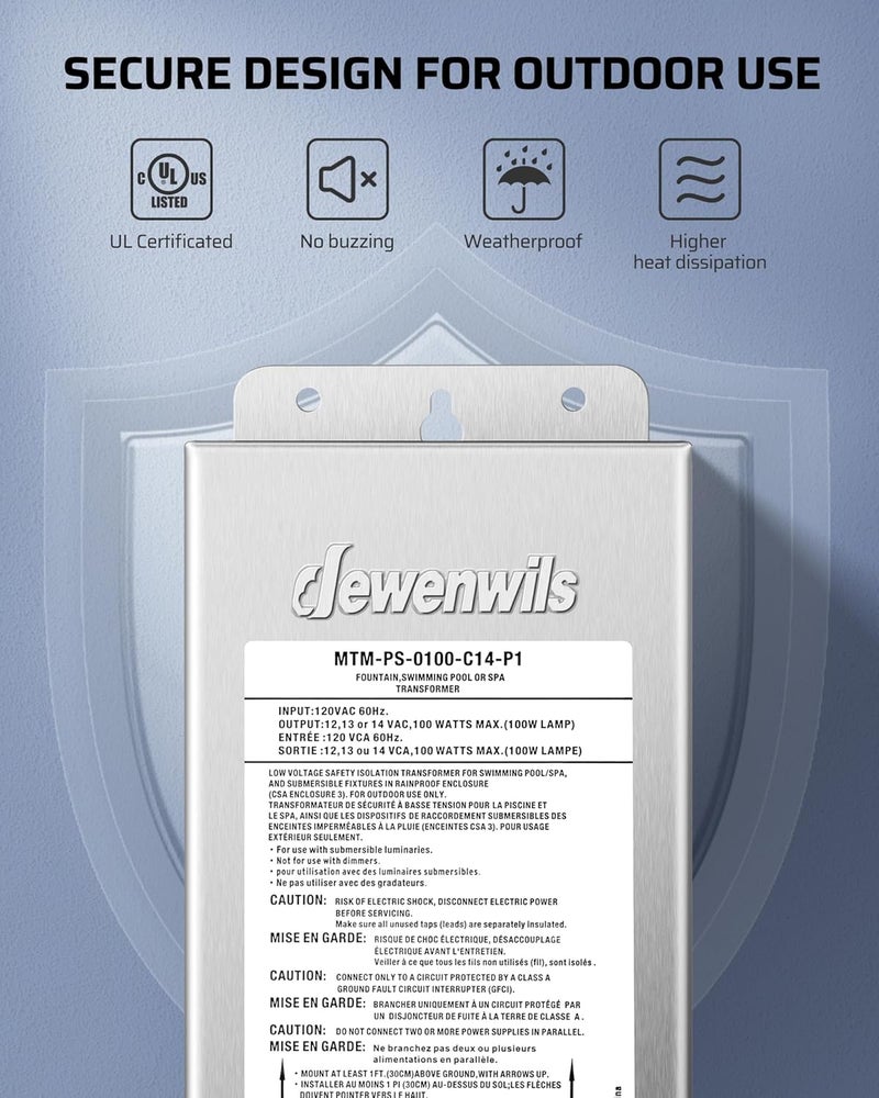 DEWENWILS 100W Low Voltage Pool Light Transformer, 120V AC to 12V/13V/14V AC, Multi-tap Safety Transformer for Pool Lighting, Spa, Underwater Fountain Lights, Outdoor Landscape Lights - Image 5