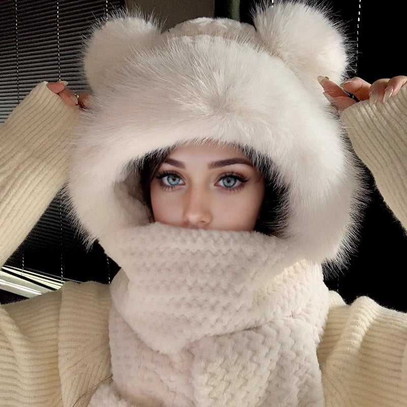 Cute Cat Ear Knit Beanie Women Autumn Winter Fashion Warm 1218 beige three-piece set [fur ball ears-big fur hat brim-]-]