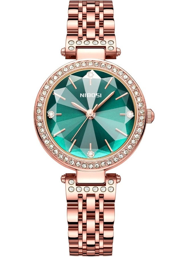 نيبوسي الساعات النسائية التناظرية ورد الذهب مربع رقم المراقبة الساعة النسائية للبنات والسيدة والسيدات الماس المضغوط مع الساعات الأنيقة للماء - Image 1