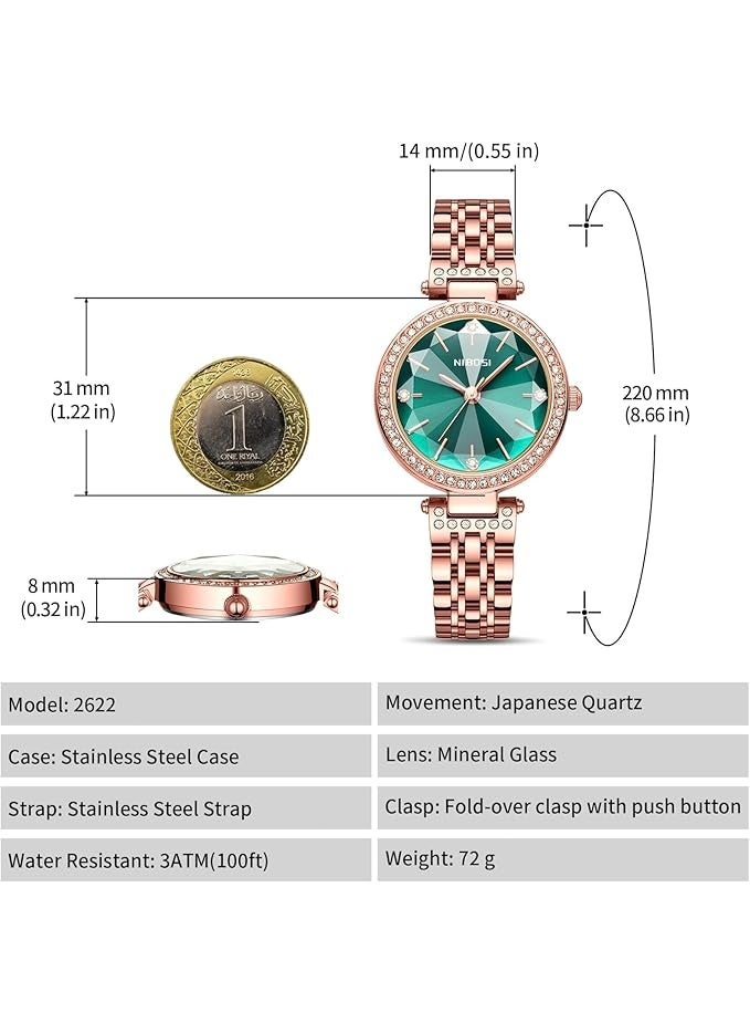 نيبوسي الساعات النسائية التناظرية ورد الذهب مربع رقم المراقبة الساعة النسائية للبنات والسيدة والسيدات الماس المضغوط مع الساعات الأنيقة للماء - Image 2