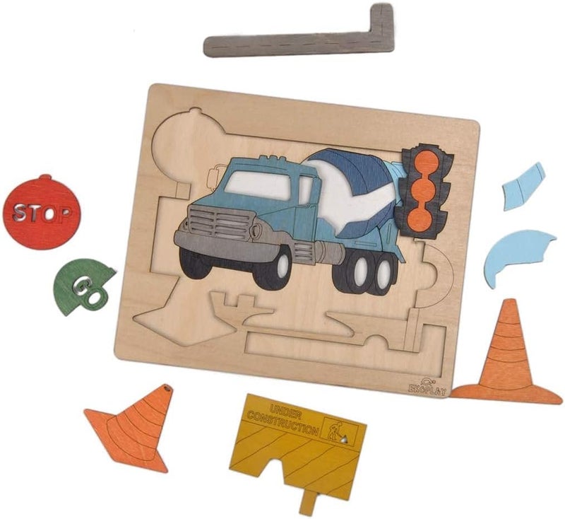 EKOPLAY ’s Multi Layered Wooden Puzzles for Kids, 20 Piece Jigsaw Puzzle for School Kids, Learning Educational Toys Gifts for Boys Girls. Construction Puzzles Sets, Road Construction. - Image 3