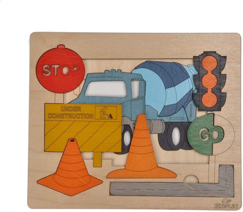 EKOPLAY ’s Multi Layered Wooden Puzzles for Kids, 20 Piece Jigsaw Puzzle for School Kids, Learning Educational Toys Gifts for Boys Girls. Construction Puzzles Sets, Road Construction. - Image 1