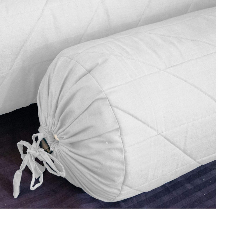 Saffron Quilted Bolster Pillow Cover White 8 Diameter x24 Long 20 cm x 60 cm
