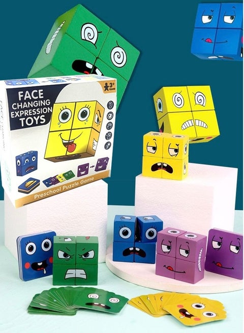 Wooden Face-Changing Expressions Matching Cube Blocks Educational Game Montessori Toy For Kids