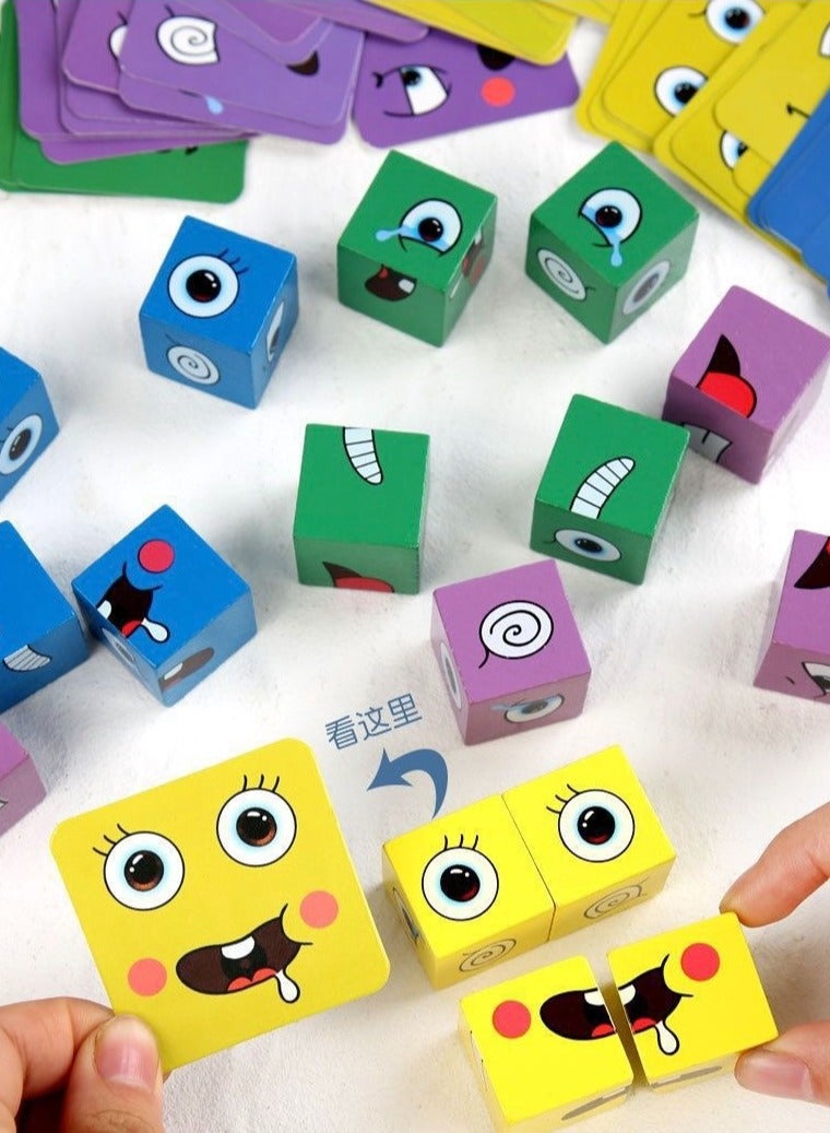 Wooden Face-Changing Expressions Matching Cube Blocks Educational Game Montessori Toy For Kids