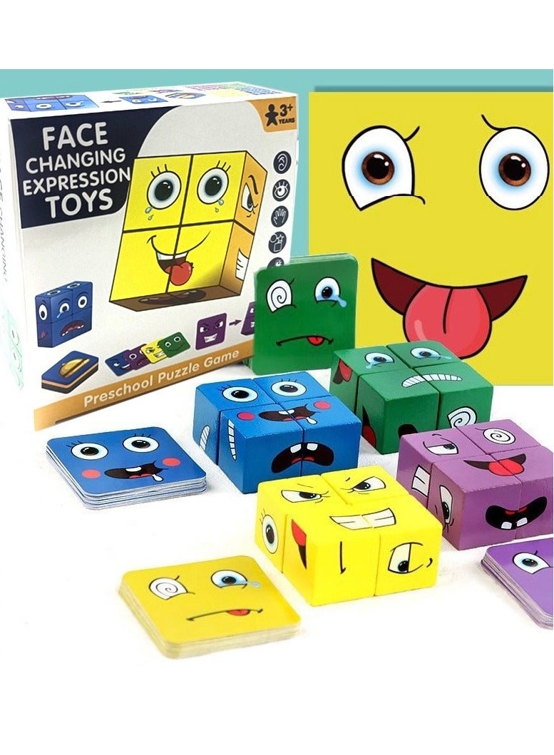 Wooden Face-Changing Expressions Matching Cube Blocks Educational Game Montessori Toy For Kids