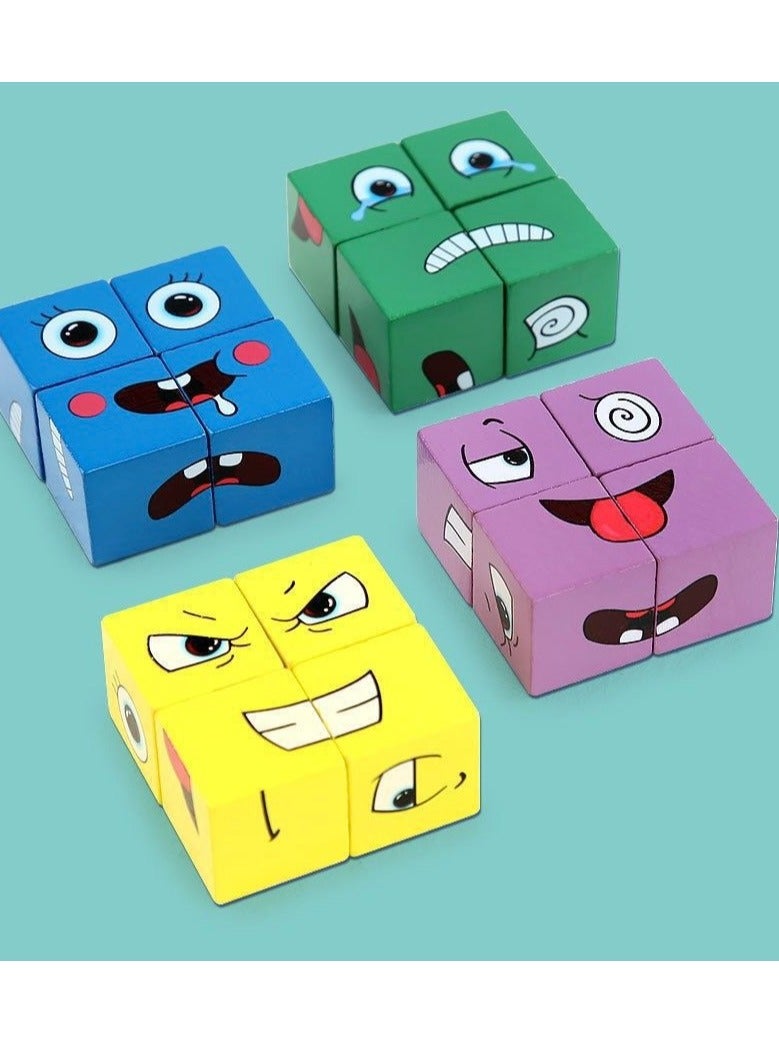 Wooden Face-Changing Expressions Matching Cube Blocks Educational Game Montessori Toy For Kids