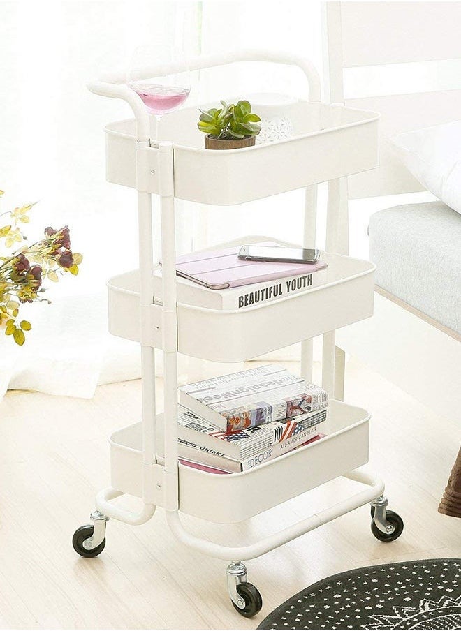 Toshionics 3-Tier Rolling Utility Cart, Storage Organizer Carts Shelves, Multifunction Storage Trolley, Craft Roller with Lockable Wheels,Easy Assembly for Bathroom,Kitchen,Office 85x45x35cm (White)