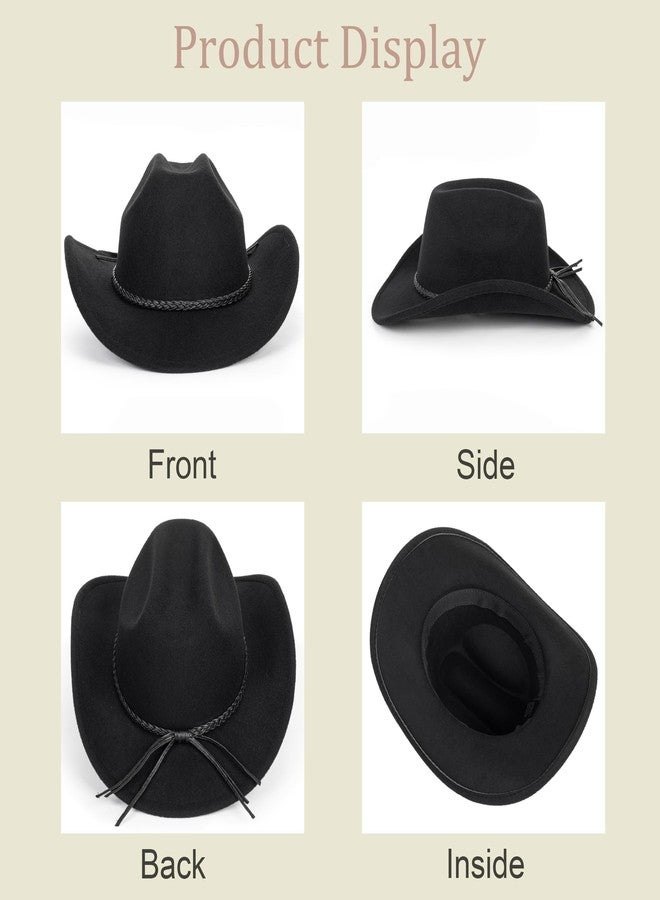 FGSS Classic-Western-Cowboy-Hat Upturn-Brim Felt-Cowgirl-Hat Rodeo-Hats with Belt for Women Men (Fit for 22.4-23.2") Black - Image 3