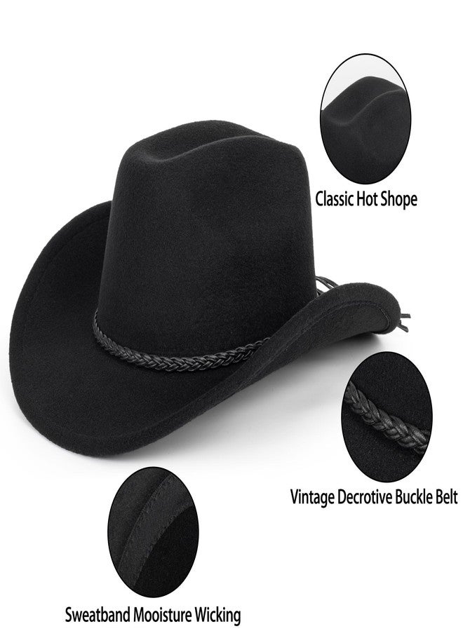 FGSS Classic-Western-Cowboy-Hat Upturn-Brim Felt-Cowgirl-Hat Rodeo-Hats with Belt for Women Men (Fit for 22.4-23.2") Black - Image 4