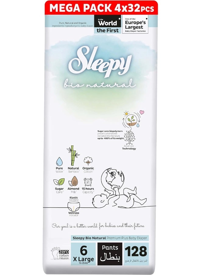 Sleepy عبوة من 128 بنطلون بيولوجي طبيعي مقاس 6، عضوي، مريح، امتصاص فائق، صديق للبيئة، مضاد للحساسية، 4 × 32 قطعة