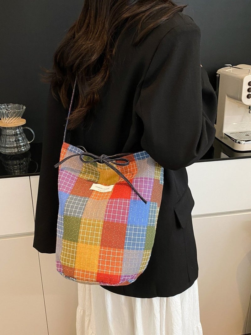 New 2025 Contrasting Color Design Senmeng Single Shoulder Canvas Bag Women'S Crossbody Bag Bucket Bag Niche Large Capacity - Image 2