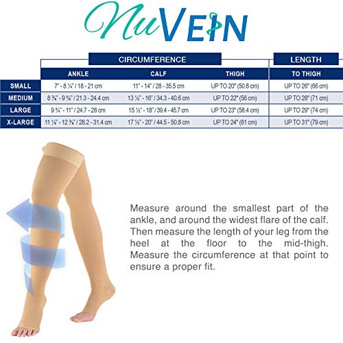 NuVein Medical Compression Stockings, 20-30 mmHg Support, Women & Men Thigh Length Hose, Open Toe, Black, X-Large - Image 2