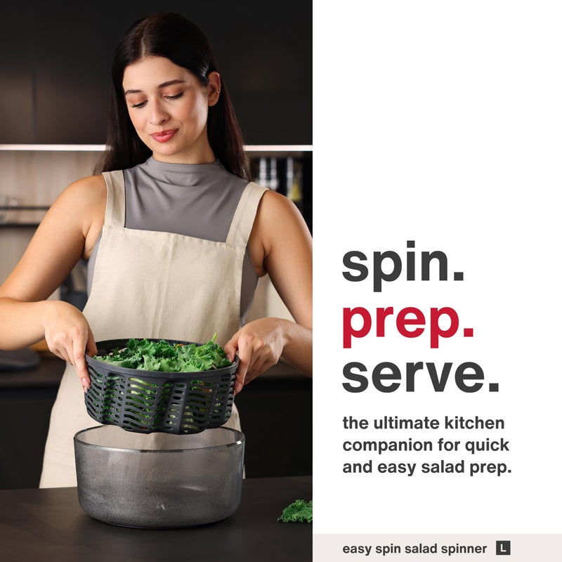 Zyliss Easy Spin Salad Spinner - Fruit & Veggie Dryer - Produce Spinner & Cleaner for Salad Prep - Dishwasher-Safe Kitchen Essential - Non-Slip Bowl with Pull Handle - Grey Easy Spin Large - Image 2