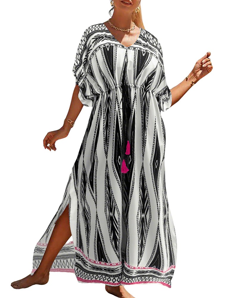 Bsubseach Kaftan Dresses for Women Plus Size Swimsuit Cover Up Long Caftan Dress with Waist Drawstring Geometric Print - Image 1