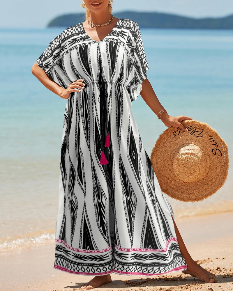 Bsubseach Kaftan Dresses for Women Plus Size Swimsuit Cover Up Long Caftan Dress with Waist Drawstring Geometric Print - Image 2