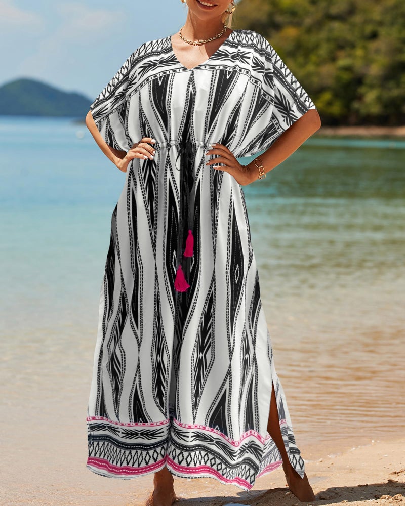 Bsubseach Kaftan Dresses for Women Plus Size Swimsuit Cover Up Long Caftan Dress with Waist Drawstring Geometric Print - Image 3