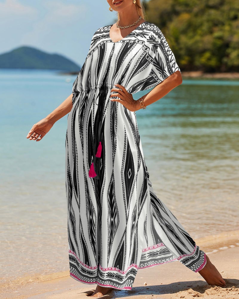 Bsubseach Kaftan Dresses for Women Plus Size Swimsuit Cover Up Long Caftan Dress with Waist Drawstring Geometric Print - Image 4