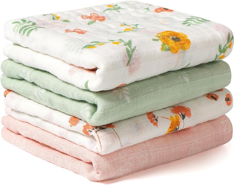 Viviland Baby Muslin Burp Cloths 100 Cotton Super Absorbent Washcloths for Baby Girl and Boy 10 x 20 inches 6Layer Baby Bath Towels Floral Pattern 4 Pack - Image 1
