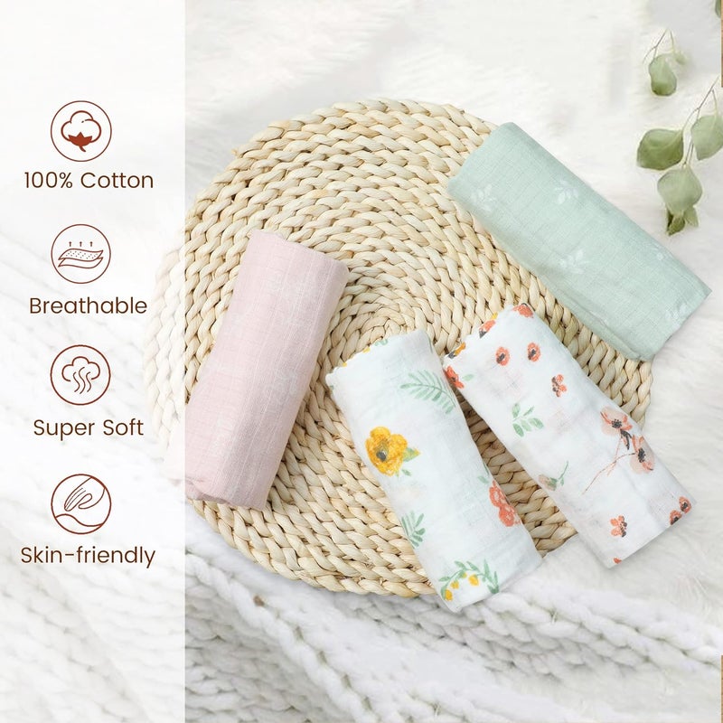 Viviland Baby Muslin Burp Cloths 100 Cotton Super Absorbent Washcloths for Baby Girl and Boy 10 x 20 inches 6Layer Baby Bath Towels Floral Pattern 4 Pack - Image 3