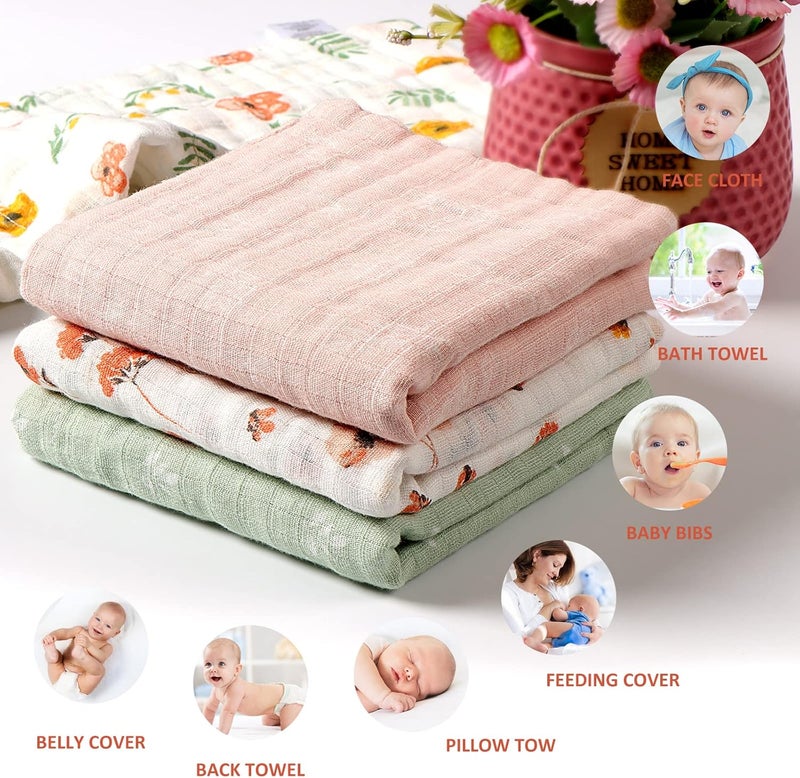 Viviland Baby Muslin Burp Cloths 100 Cotton Super Absorbent Washcloths for Baby Girl and Boy 10 x 20 inches 6Layer Baby Bath Towels Floral Pattern 4 Pack - Image 5