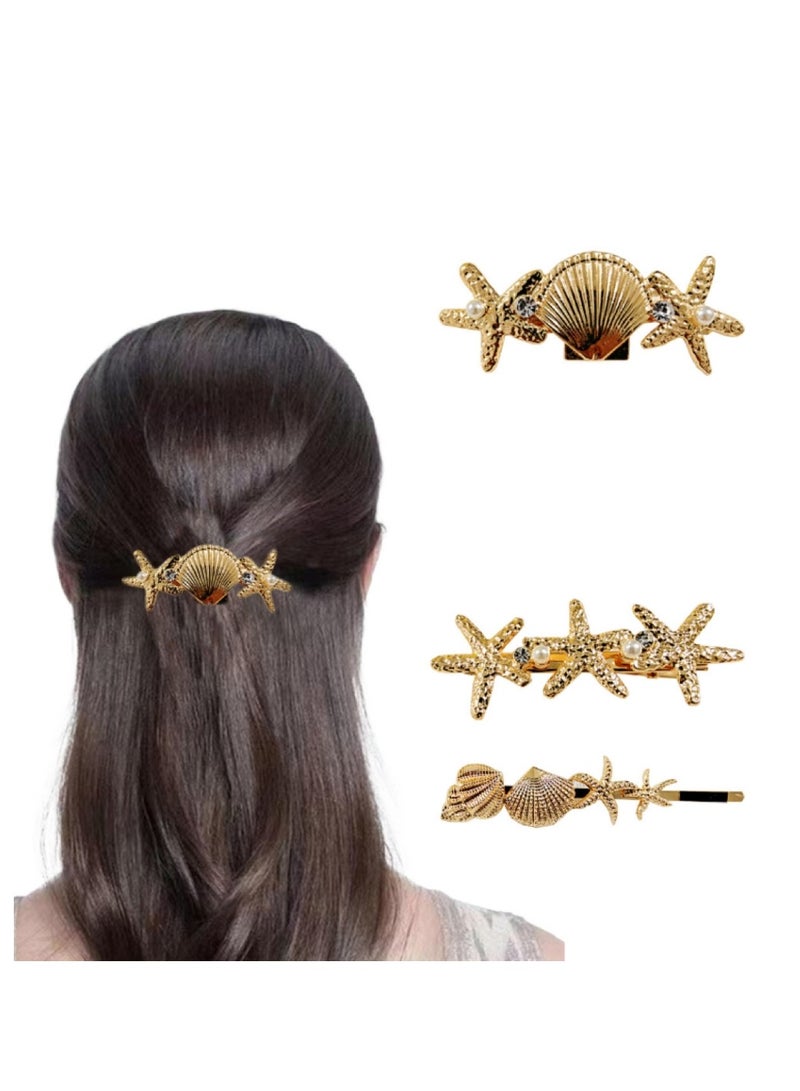 Starfish Hair Clips Gold Metal Sea Star Hairpins Seashell Spring Automatic Hair Barrettes Beach Hair Accessories for Women and Girls (Pack of 3) - Image 1