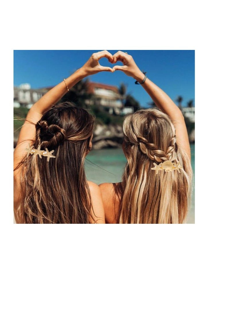Starfish Hair Clips Gold Metal Sea Star Hairpins Seashell Spring Automatic Hair Barrettes Beach Hair Accessories for Women and Girls (Pack of 3) - Image 3