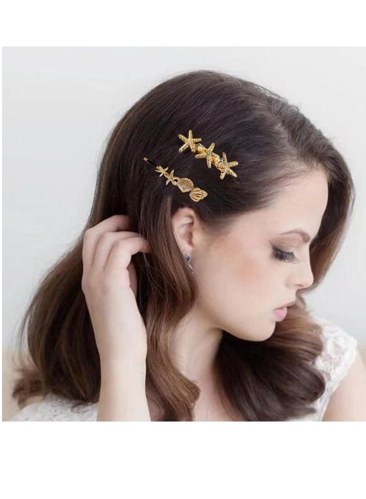 Starfish Hair Clips Gold Metal Sea Star Hairpins Seashell Spring Automatic Hair Barrettes Beach Hair Accessories for Women and Girls (Pack of 3) - Image 4
