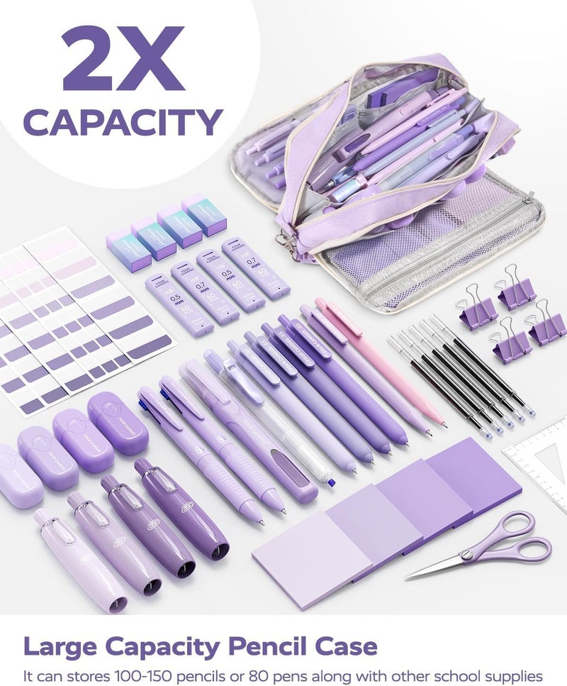 Purple Pencil Case, 3 Compartment Pencil Pouch with Handle | Cute Stationery Organizer for College, Teachers, Travel and Makeup Storage - Image 2