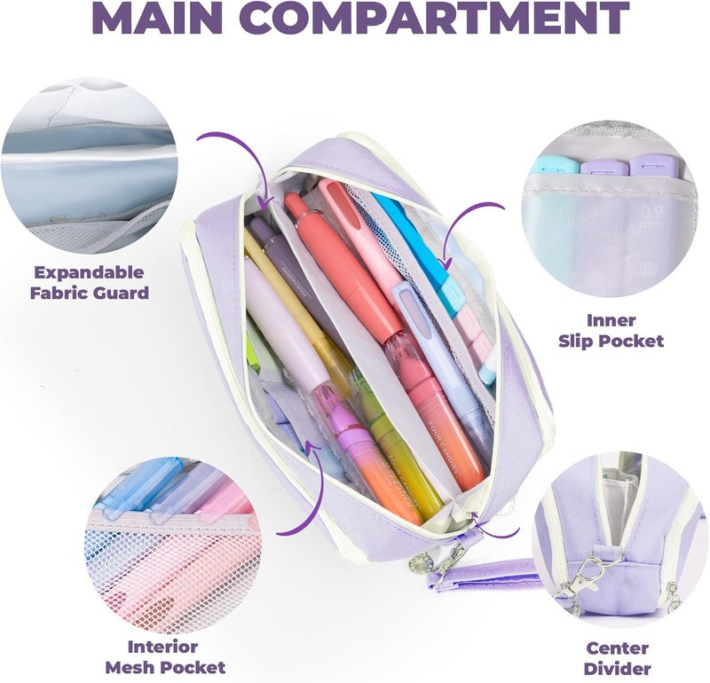 Purple Pencil Case, 3 Compartment Pencil Pouch with Handle | Cute Stationery Organizer for College, Teachers, Travel and Makeup Storage - Image 5