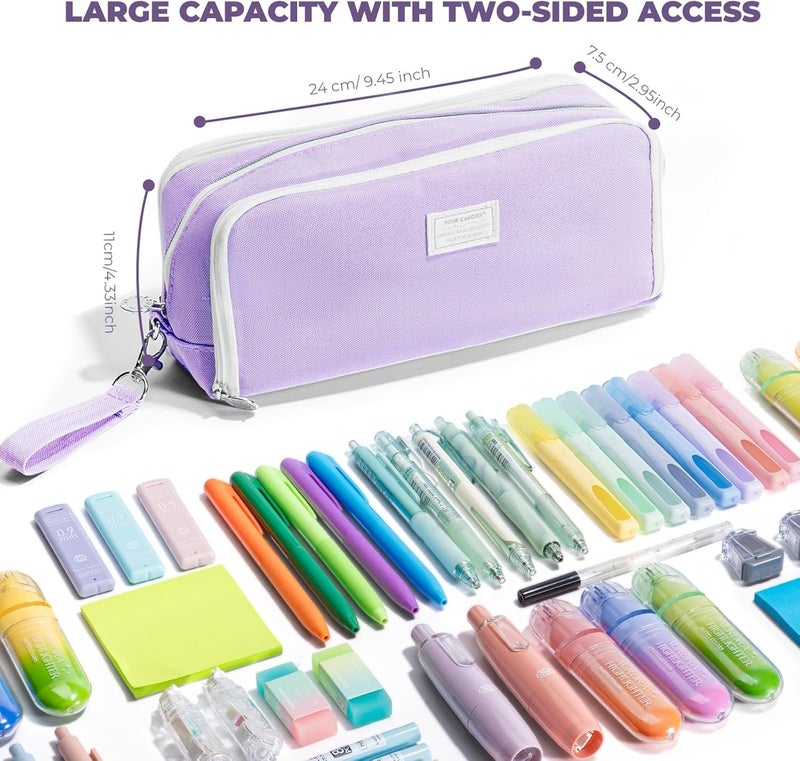 Purple Pencil Case, 3 Compartment Pencil Pouch with Handle | Cute Stationery Organizer for College, Teachers, Travel and Makeup Storage - Image 3