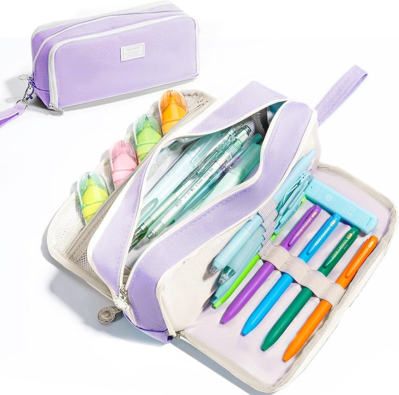 Purple Pencil Case, 3 Compartment Pencil Pouch with Handle | Cute Stationery Organizer for College, Teachers, Travel and Makeup Storage - Image 1