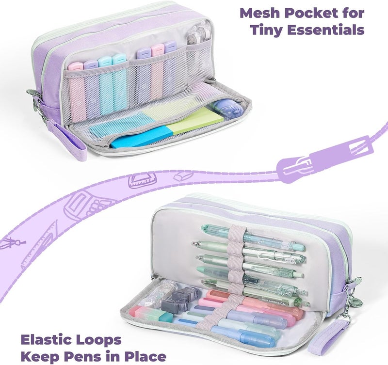 Purple Pencil Case, 3 Compartment Pencil Pouch with Handle | Cute Stationery Organizer for College, Teachers, Travel and Makeup Storage - Image 4
