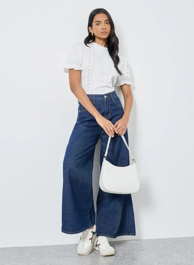 Take Two Take Two White Schiffli Puff Sleeve Blouse