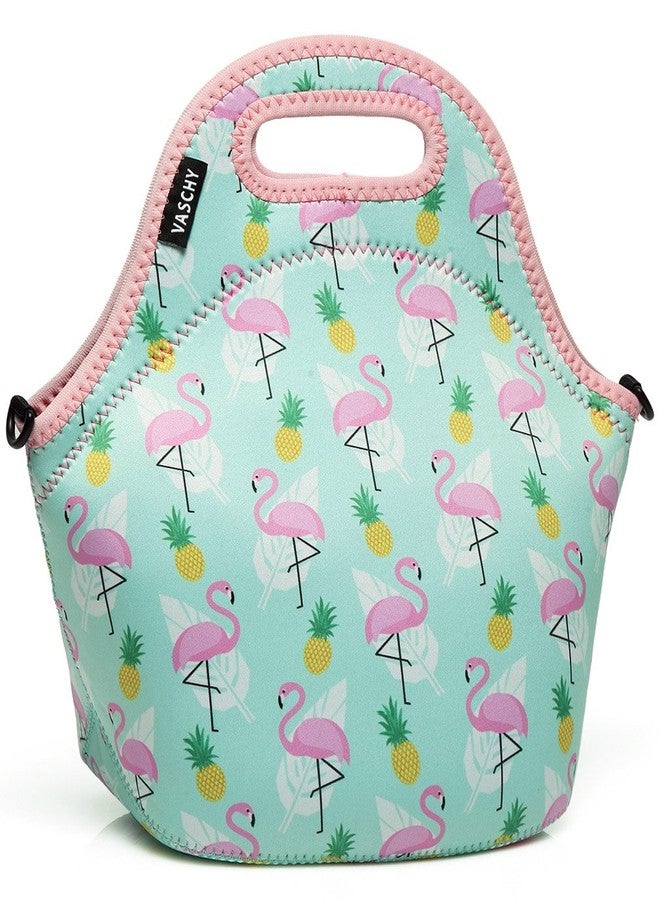 VASCHY Lunch Box Bag for Girls, Neoprene Insulated Lunch Tote with Detachable Adjustable Shoulder Strap in Cute Flamingos - Image 1