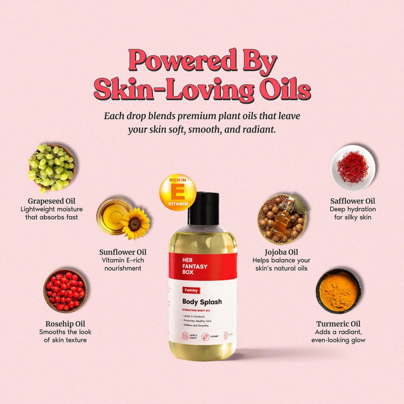 Her Fantasy Box | Body Splash Hydrating Body Oil (Yummy) - Moisturizing, Non-Greasy Formula for Soft, Smooth Skin - All-Natural, Lightweight & Nourishing - Image 4