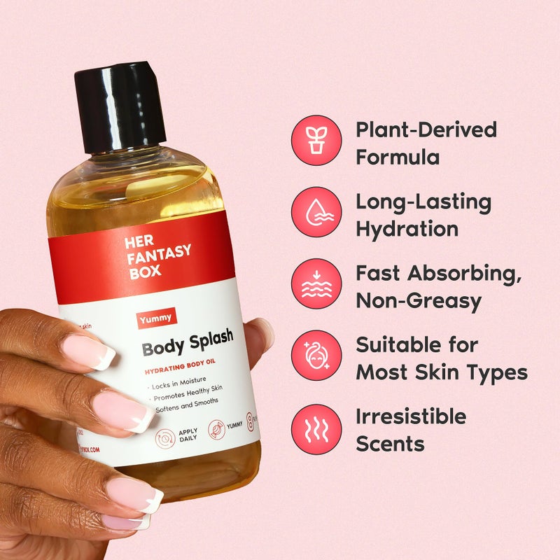 Her Fantasy Box | Body Splash Hydrating Body Oil (Yummy) - Moisturizing, Non-Greasy Formula for Soft, Smooth Skin - All-Natural, Lightweight & Nourishing - Image 3