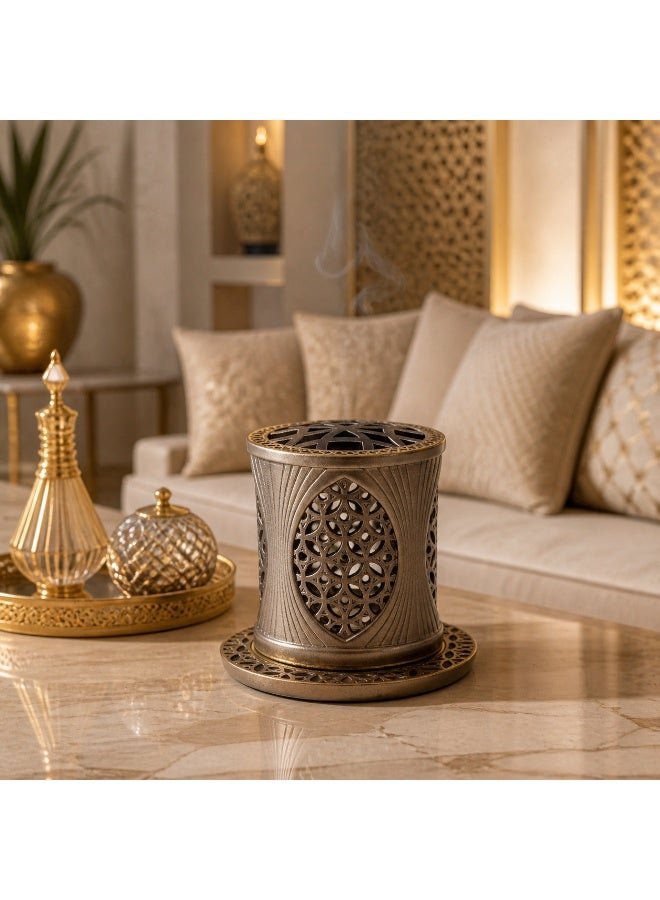 مبخرة راتنجية فاخرة مع كوب معدني قابل للإزالة، مبخرة بخور وعود بلون برونزي ذهبي، تصميم عربي مزخرف للمنزل والمجلس وغرفة المعيشة - Image 1