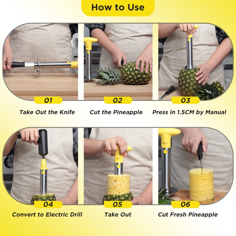 YYP Pineapple Cutter with Knife, [Upgraded, Electric & Manual] Durable Pineapple Corer with Electric Drill Accessory, Stainless Steel Fruit Peeler Knife Pineapple Slicer Core Remover Kitchen Tool - Image 2